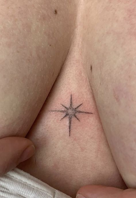 Brown Ink Star Tattoo, Suprasternal Notch Tattoo, Hip Tattoos Symmetrical, Star On Chest Tattoo, 4 Point Star Tattoo, Moon Tattoo On Chest, Abstract Star Tattoo, Sternum Tattoo Big Bust, Northstar Tattoo