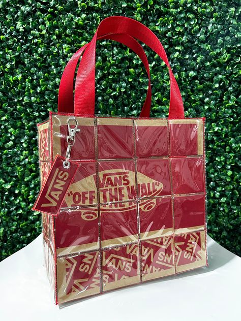 "This custom upcycled Vans Mini Tote Bag is made from shoe boxes covered in vinyl. Size: 8.75\" L x 8.75\" W x 4.25\" D -Upcycled shoe box -100% PVC -Seat belt quality handles  -Claw clip, key ring dangle" Custom Bags Ideas, Upcycle Bag, Mini Totes, Upcycled Handbag, Upcycled Bags, Upcycled Purse, Upcycled Tote, Fashion Dream Job, Sac Diy