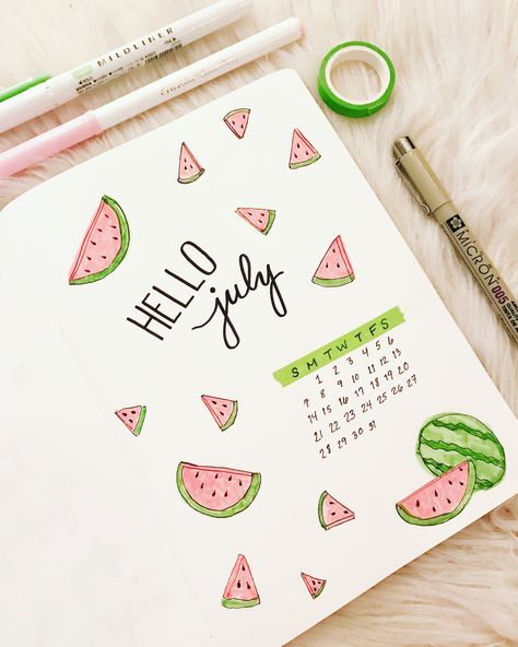 Dayary Ideas, Watermelon Bujo Cover, Calendar Ideas Journal, May Page Bullet Journal, Easy Calendar Ideas, Watermelon Journal Ideas, Journal Ideas Monthly Calendars, Bujo July Cover Page, Journal July Ideas