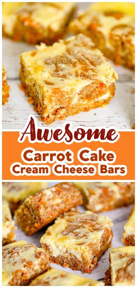 Our Carrot Cake Cream Cheese Bars are the perfect Easter dessert! Cream cheese and carrot cake go hand in hand! Cheesecake Factory Carrot Cake, Carrot Cake Cheesecake Bars, Carrot Cake Cream Cheese, Carrot Cake Dessert, Cake Bars Recipe, Bars With Cream Cheese, Cheese Bars, Carrot Cake Bars, Cream Cheese Bars