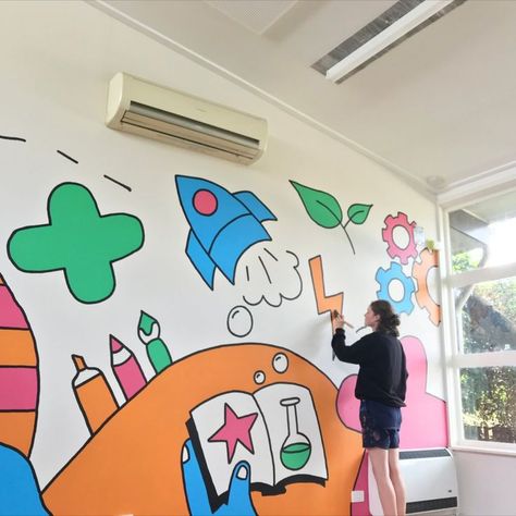 Mural design and installation for the kids a Melbourne Primary school commissioned by Kids Co Australia as part of the After School Program. The Mural was created to inspire kids in the classroom to explore, be creative and to stimulate an exciting learning environment. Playground Murals Schools, Primary School Mural, Wall Mural School, Art Classroom Mural, Elementary School Murals Ideas, Mural For Classroom, Stem Mural, Murals For School, School Illustration Art