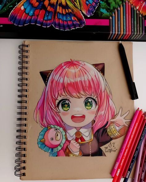 Anime Drawing With Pencil Colour, Colored Pencil Anime Art, Prismacolor Art Anime, Anime Sketch Colored, Colored Pencil Anime, Spyxfamily Drawing, Anime Drawing Coloured, Anime Color Pencil Art, Watercolour Anime Art