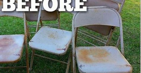 We are SO stealing this idea Painted Sticks Decor, Folding Chair Makeover, Vintage Metal Chairs, Spray Paint Projects, Silver Spray Paint, Metal Folding Chairs, Painting Light, Painted Patio, Metal Working Projects