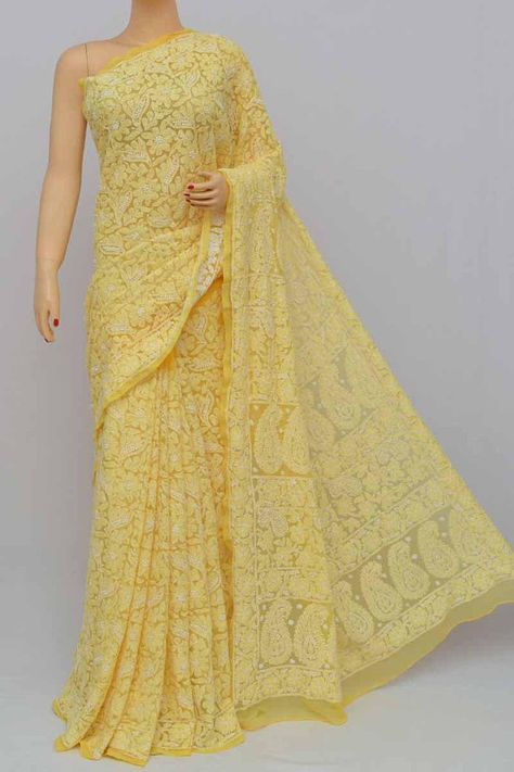 Lucknow Chikankari Sarees, Yellow Pink Saree, Chickenkari Saree, Light Yellow Saree, Yellow Color Saree, Saree For Wedding, Chikankari Saree, Lehenga Designs Simple, Fashion Indian