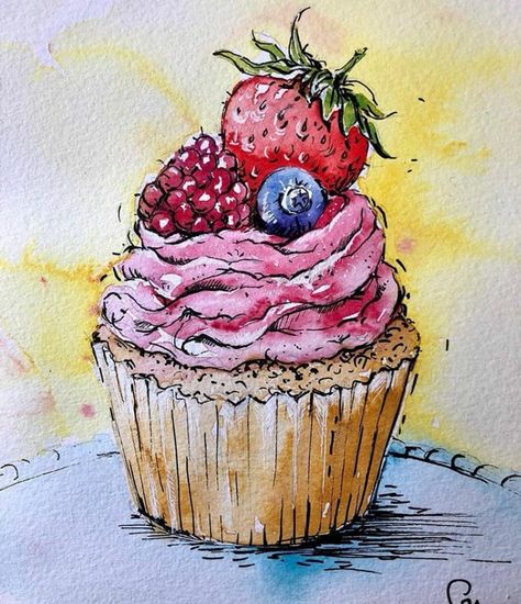 Water Colour Cakes Paintings, Watercolor Cupcake Painting, Watercolour Cake Painting, Watercolour Cupcake, Cupcakes Art Drawing, Cupcake Watercolor, Rainy Day Drawing, Baking Drawing, Watercolor Cupcake