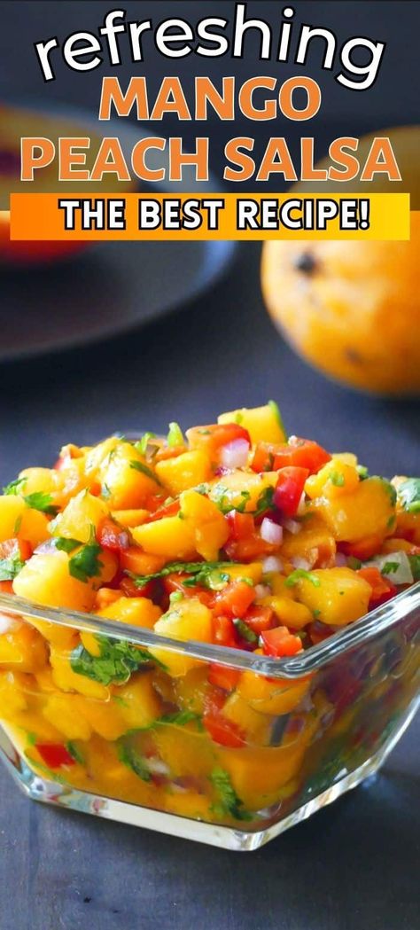 This sweet heat mango peach salsa makes the perfect appetizer for any summer party. The sweet mango and fresh peach salsa recipe combines the sweetness of ripe mangoes with the tangy peach for a fresh take on salsa. Enjoy this easy mango salsa recipe with chips or spooned over grilled fish. Salsas For Fish, Mango Salsa For Fish, Peach Mango Salsa, Easy Mango Salsa Recipe, Peach Salsa Recipe, Mango Habanero Salsa, Salsa Canning Recipes, Sweet Salsa, Peach Salsa Recipes