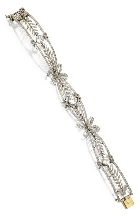 A Belle Epoque Platinum and Diamond Bracelet, Circa 1910, Designed as bow and foliate motifs, set with old European-cut diamonds weighing approximately 2.50 carats, and small rose-cut diamonds weighing approximately 3.00 carats, length 7 inches. Victorian Diamond Bracelets For Gifts, Belle Epoque Jewelry, Luxury Vintage Bracelet With Brilliant Cut, Luxury Vintage Diamond Cut Bracelet, Vintage Bracelets 19th Century, Bow Bracelet, Edwardian Jewelry, Bow Jewelry, European Cut Diamonds