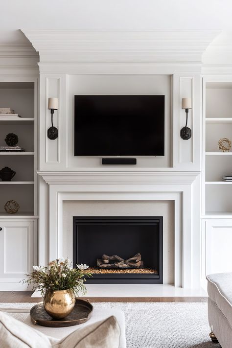 Built-In Around Fireplace: Elegant Solutions for Your Living Space - Quiet Minimal Built Ins With Fireplace Insert, Built Ins With Tv On Side, Simple Classic Fireplace, Built Fireplace Wall, Long Linear Fireplace, Millwork Around Fireplace, Fireplace Tv Wall Built Ins Small Space, Brick Fireplace Mantle Makeover, Fireplace In Primary Bedroom