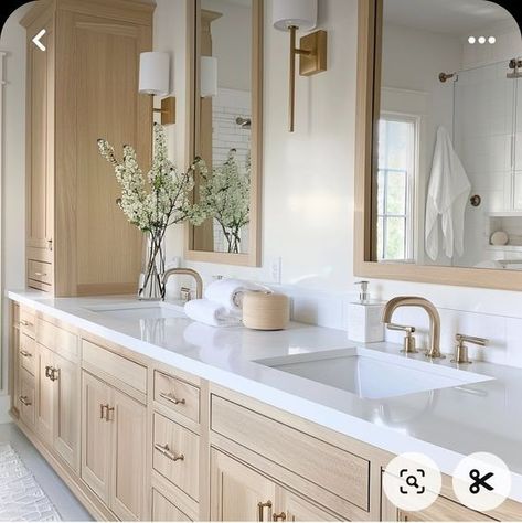 White Oak Bathroom Cabinets, Home Depot Bathroom Remodel, Neutral Master Bath, Maine Bathroom, Colored Vanity, White Oak Vanity, Neutral Bathroom Decor, Bathroom Build, Master Bath Design