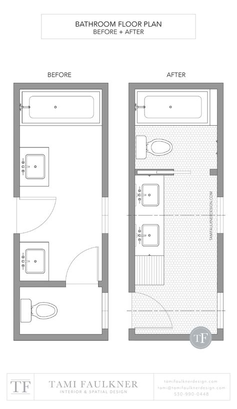 Tami Faulkner Design Master Bath Layout Floor Plans, Small Bathroom Layout Floor Plans, Narrow Bathroom Layout, Kids Bathroom Layout, Bathroom Floorplan, Bathroom Floor Plan, Ideas For Bathrooms, Tami Faulkner, Small Space Bathroom Design