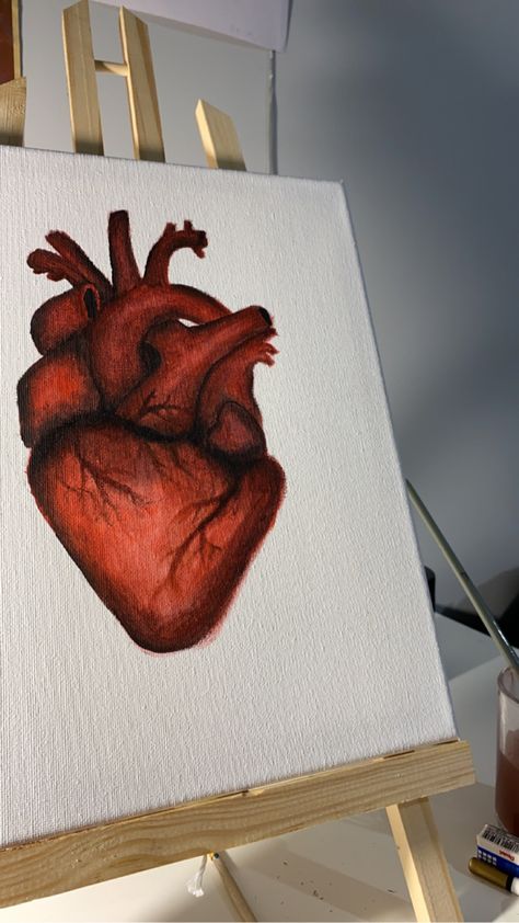 Anatomical Heart Painting Acrylics, Heart Painting Easy, How To Paint Lips, Realistic Heart Painting, Heart Oil Pastel, Human Heart Painting, Painting Ideas Heart, Painting Of Heart, Medical Painting