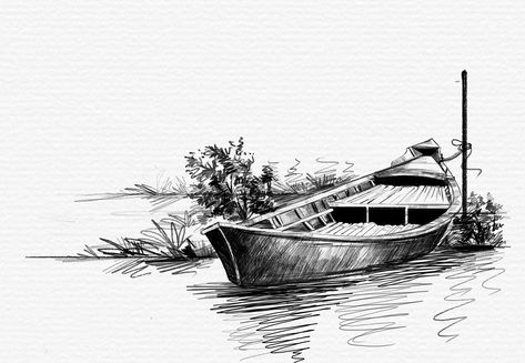 Ink Pen Sketching, Pen Art Landscape, Landscape Pen Drawing, Pen Work Art, Cool Pen Drawings, Easy Pen Sketches, Sketch Drawings Pencil, Ink Drawing Ideas, Painting With Pen