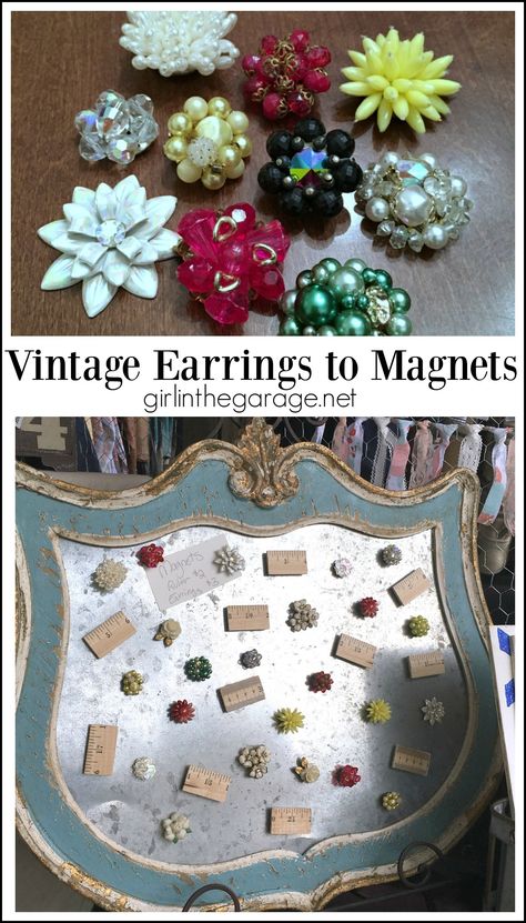 How to make vintage repurposed earring magnets - easy DIY tutorial by Girl in the Garage Recycled Decor, Old Jewelry Crafts, Costume Jewelry Crafts, Vintage Jewelry Ideas, Vintage Jewelry Repurposed, Vintage Earring, House Vintage, Vintage Repurposed, Vintage Jewelry Crafts