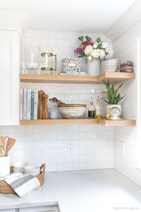 What we keep on the floating corner shelves in our kitchen! #shelves #cornershelves  #shelf Open Kitchen Shelving, Bulk Barn, Kitchen Shelving, Floating Corner Shelves, White Kitchen Remodeling, Open Kitchen Shelves, Floating Shelves Diy, Kitchen Organizer, Estantes Flotantes