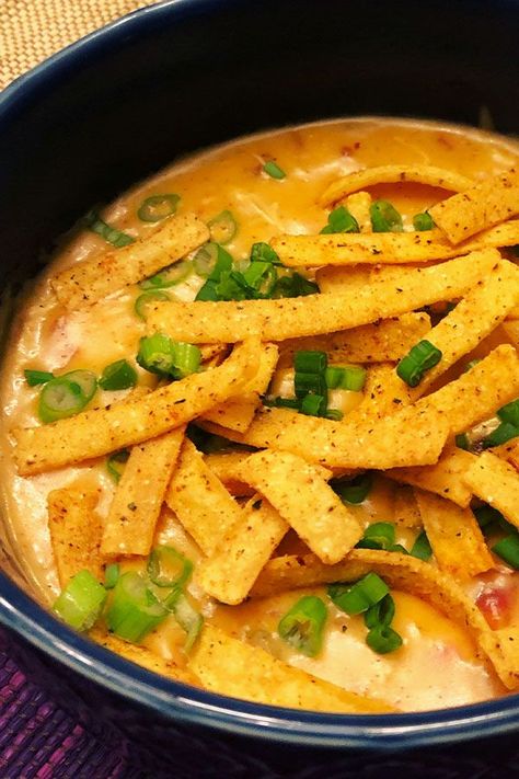 Easy Cheesy Chicken Tortilla Soup, Ree Drummond Chicken Tortilla Soup, Cheesy Chicken Tortilla Soup Crock Pot, Chicken Tortilla Soup With Velveeta, Football Soup Recipes, Cheesy Tortilla Soup, Shredded Chicken Taco Seasoning, Cheesy Chicken Tortilla Soup, Cheesy Tortilla