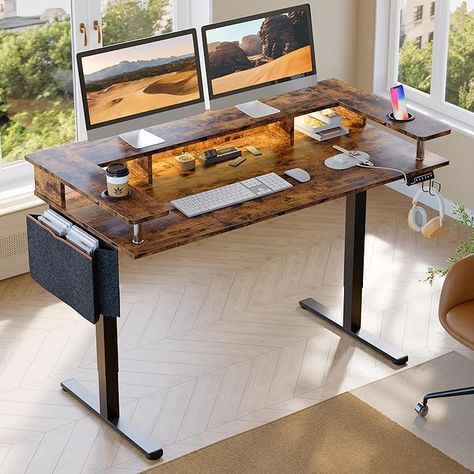 Amazon.com: Bestier LED Electric Standing Desk Adjustable Height, 58x26 Inch Large Sit Stand Desk with Monitor Stand, Ergonomic Rising Desk for Home Office Workstation, Headphone Hook Storage Bag Brown : Home & Kitchen Rising Desk, Standing Desk Adjustable, Desk With Monitor Stand, Desk With Monitor, Desk For Home Office, Desk With Keyboard Tray, Electric Standing Desk, Adjustable Height Standing Desk, Sit To Stand