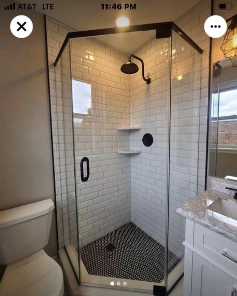 Beachy Ensuite Bathroom Ideas, Small Bathroom Remodel Corner Shower Walk In, Tiny Corner Shower Ideas, Stand Up Shower For Small Bathroom, Small Stand Up Shower Restroom Ideas, Triangular Shower Bathroom, Small Bathroom Ideas Shower Only Corner, Tiny Corner Shower Bathroom, Corner Shower For Small Bathrooms