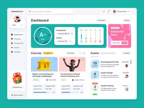 University - Education platform - Desktop Dashboard by Ivan Shevchenko on Dribbble Education Dashboard, Educational Playground, Gamification Education, Ux Dashboard, Interesting Activities, Playground For Kids, Therapy Website, Student Dashboard, Ux Kits