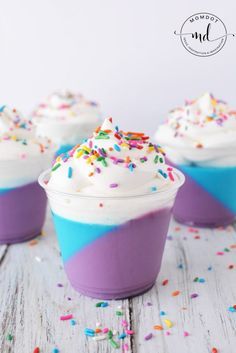 Unicorn Poop Layered Parfait Panna Cotta Dessert Unicorn Baked Goods, Jello With Condensed Milk, Jello Layers, Jello Parfait, How To Make Jello, Whipped Cream Topping, Unicorn Party Food, Layered Jello, Unicorn Desserts