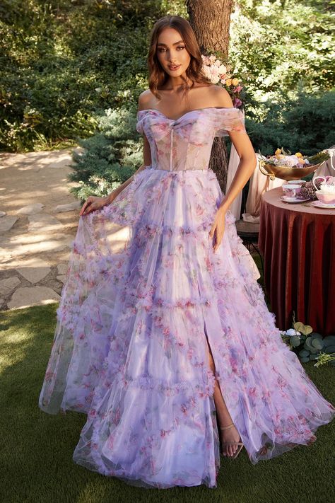 Not my pics Lilac Off The Shoulder Prom Dress, Beautiful Feminine Dresses, Renfaire Outfits, Camila Core, Garden Party Dresses, Lavender Floral Dress, Whimsical Dresses, Lavender Wedding Dress, Andrea And Leo