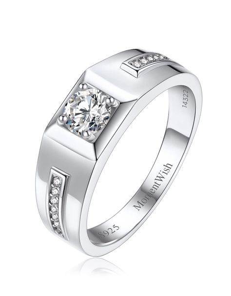 PRICES MAY VARY. 💍【Mens Wedding Band】➣ Sterling silver mens ring has sparkling 5mm 0.5 carat moissanite center stone set in a classic 4 prong setting. A ribbon of 14 moissanite diamonds lines the ring's slender shank(14*1*1mm small side stone), make the center stone look more dazzling. 💎【Best Moissanites】 ➣ The wedding bands for him with simulated diamond-moissanite- which has 2.5 times fire than real diamond. At the same time, its hardness is 9.25Mohs, second only to diamond. It’s extremely r Man Wedding Ring Silver, Silver Wedding Rings Men, Diamond Ring For Men, Wedding Ring Men, Accent Rings, Mens Rings Wedding Diamond, Wedding Ring For Him, Wedding Bands For Him, Wedding Band Engraving