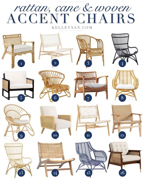 Best Rattan, Cane and Woven Accent Chairs for All Budgets! Rattan Living Room Chairs, Wicker Sunroom Decorating Ideas, Rattan Accent Chairs, Modern Rattan Chair, Rattan Sunroom Furniture, Coastal Salon Decor, Rattan Decor Interior Design, Rattan Accent Chair Living Room, Wicker Chair Bedroom