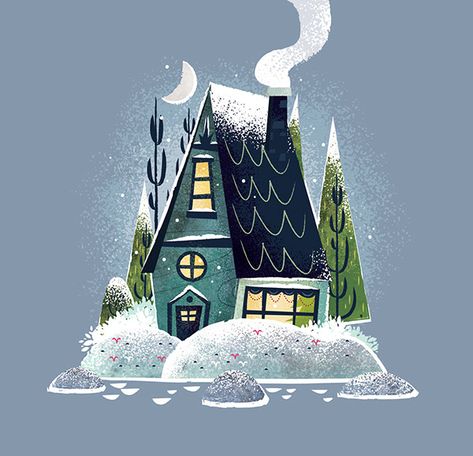 Snowy Cottage, Snow Illustration, Christmas Drawings, Night Greetings, Illustration Noel, Winter Illustration, Cottage Christmas, House Illustration, Christmas Drawing