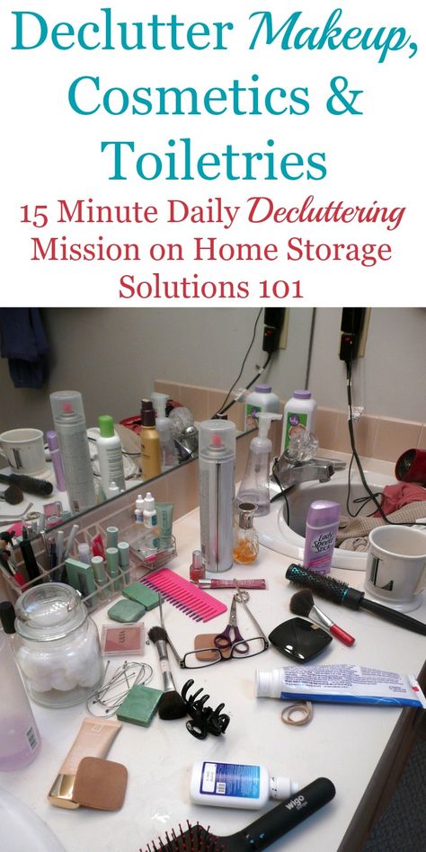 How to get rid of makeup, cosmetics and toiletries from your home that are old, expired or unwanted, including what to do with items you declutter {a Declutter 365 mission on Home Storage Solutions 101} Declutter Makeup, Declutter Bathroom, Bathroom Sink Organization, Clutter Control, Bathroom Storage Solutions, Home Storage Solutions, Clutter Organization, Bathroom Counters, Bathroom Counter