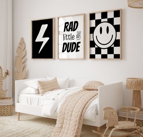 Set of 3 Boys Nursery Wall Art Prints for instant ,download, 'rad littlle dude ', Checkered, Smiley Face, Retro, Groovy, baby boy, Child Kids Decor, Playroom Retro Boys Room, Checkered Nursery, Smiley Poster, Nursery Wall Art Boy, Boys Nursery, Nursery Decor Boy, 3 Boys, Retro Groovy, Retro Theme