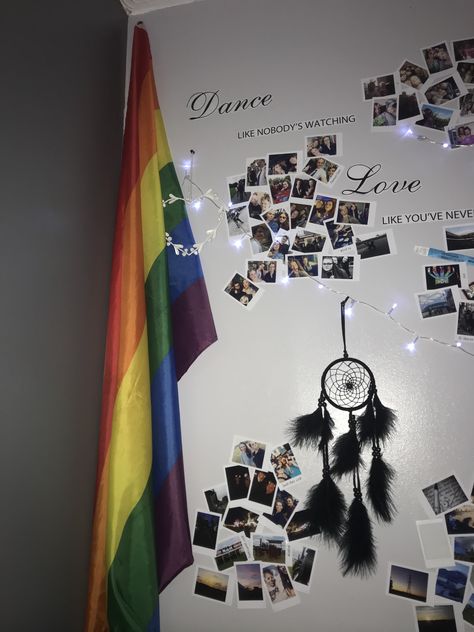 One of the ways I’ve hung my pride flag in my room Pride Flags In Bedrooms, Pride Flag On Ceiling, Pride Flag Decor, Pride Flag In Bedroom, Pride Room Decor Diy, Pride Flag On Wall, Pride Flag Room Decor, Pride Flag In Room, Flags On Wall