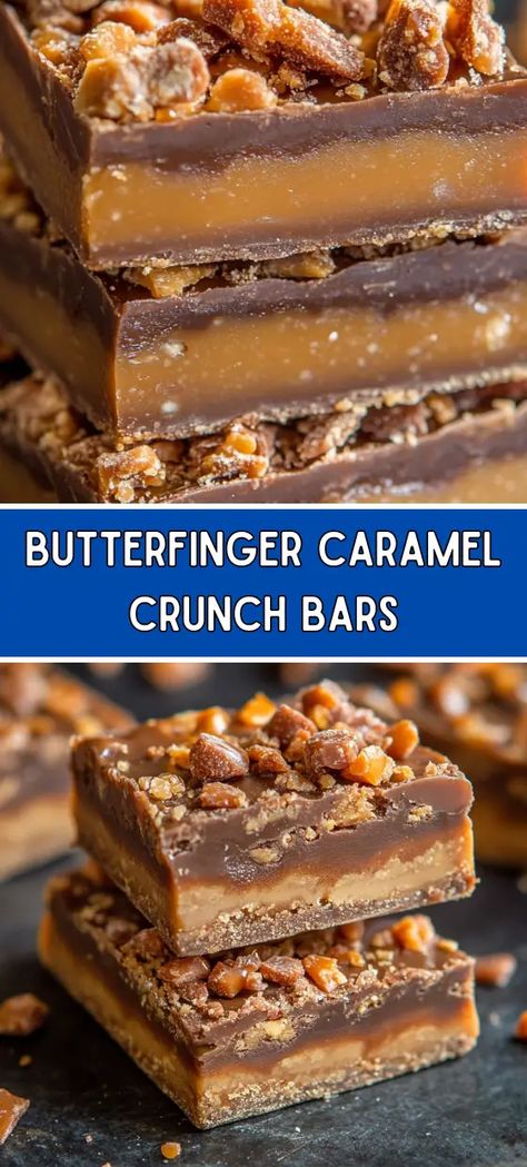 Butterfinger Caramel Crunch Bars Butterfinger Caramel Crunch Bars, Crunch Bars Recipe, Crunch Bars, Gooey Caramel, Caramel Crunch, Crunch Bar, Dessert Bar Recipe, Candy Recipes Homemade, Cracker Crust