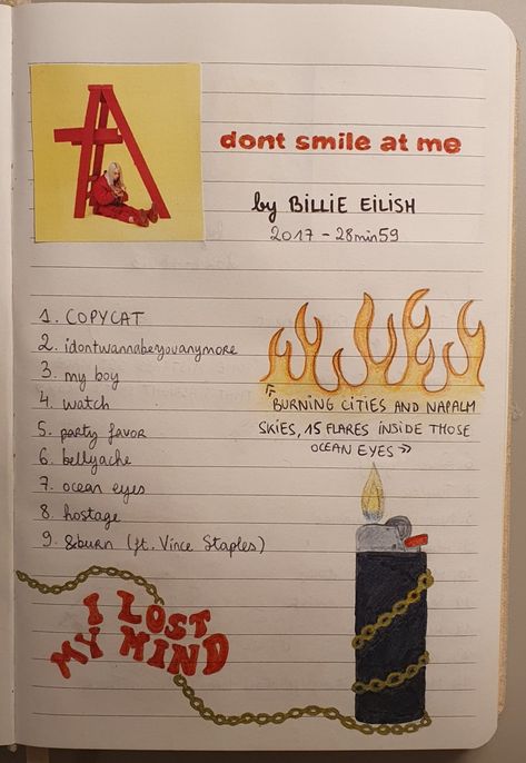 Billie Eilish Scrapbook Ideas, Billie Eilish Journal Ideas, Billie Eilish Inspired Drawings, Bilielish Aesthetic, Billie Eilish Scrapbook, Billie Eilish Drawing Ideas, Writing Lyrics Aesthetic, Billie Eilish Diy Crafts, Music Drawings Aesthetic