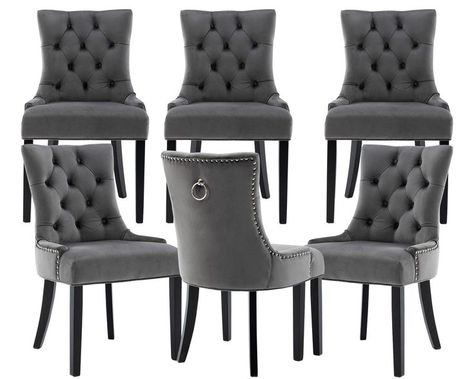 DM Furniture Dining Chairs Set of 6 Barrel Tufted Upholstered Dining Room Chairs Farmhouse Side Host Kitchen Chairs Accent Chairs Parsons Chairs with Black Wood Legs for Living Room Bedroom, Grey Tufted Dining Chairs, Comfortable Dining Chairs, Gray Dining Chairs, Tufted Chair, Grey Dining, Dining Chairs Set, Velvet Dining Chairs, Upholstered Dining Chairs, Room Chairs