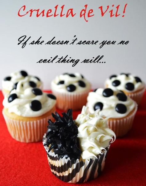 101 Dalmatians Inspired Treats – Mouse Ears Mom Cruella Deville Party Decorations, Cruella Deville Party, Villain Cupcakes, Villians Party, 101 Dalmations Party, Disney Party Foods, Villain Party, Villains Halloween, Dalmatian Party