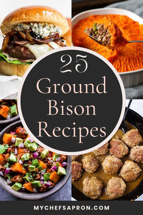 25 nutrition-packed and satisfying ground bison recipes with rich flavors and a great way to serve something unique at the dinner table. Ground Bear Recipes, Recipes With Ground Bison, Ground Buffalo Recipes, Bison Ground Beef Recipes, Ground Bison Recipes Easy, Bison Meals, Healthy Bison Recipes, Ground Bison Recipes Healthy, Bison Meatloaf Recipe