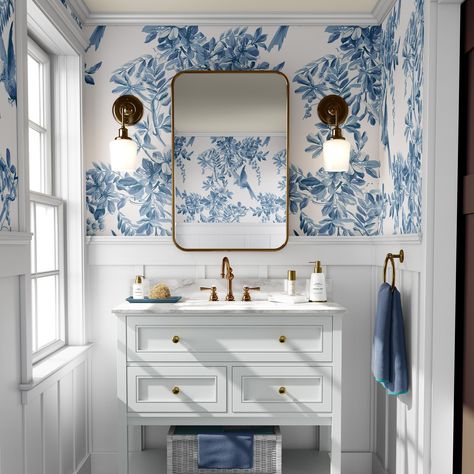 Blue And White Wallpaper, French Wallpaper, Watercolor Wallpaper, Blue Bathroom, White Wallpaper, White Bathroom, Blue Watercolor, My New Room, Of Wallpaper