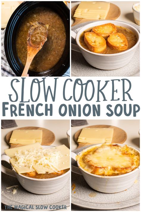 Make Slow Cooker French Onion Soup in your slow cooker. It has a rich buttery onion broth that is great with homemade croutons and cheese broiled on top. - The Magical Slow Cooker Onion Soup Crockpot, French Onion Soup Recipe Slow Cooker, Slow Cooker French Onion Soup, Crockpot French Onion Soup, Soup Store, Magical Slow Cooker, The Magical Slow Cooker, Favorite Soups, French Onion Soup Recipe