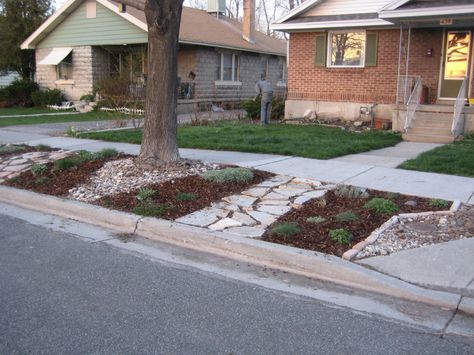 Parking strip: the area of land between the street and the sidewalk in front of your house. Remember Rip Your Strip? It’s essentially a program that encourages Utahns (#2 in the nation for wa… Parking Plan, Sidewalk Landscaping, Xeriscape Front Yard, Landscape Curbing, Lawn Alternatives, Walkway Ideas, Front Landscaping, Front Lawn, Small Yard