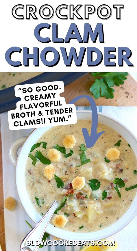 This crockpot New England clam chowder recipe has a wonderfully delicious creamy broth chock full of tender clams, crispy smoky bacon, perfectly cooked potatoes, and simple seasonings. To keep this crockpot clam chowder soup recipe easy, accessible, and inexpensive, I used canned clams and it's delish! Enjoy - it's total comfort food! Crockpot Clam Chowder Recipe, Crockpot Clam Chowder, Slow Cooker Clam Chowder, Canned Clams, Clam Chowder Soup, Clam Chowder Recipe, Cooked Potatoes, New England Clam Chowder, Chowder Soup