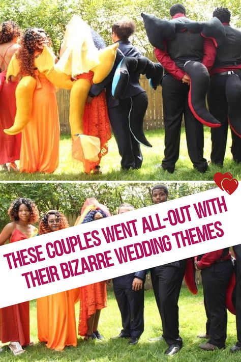 Wedding themes can be a complicated process. You need to make sure that you are unique and stand out from the crowd, but you also need to make sure that you aren't too far outside the box. This blog talks about the unique ways these couples came up with their wedding themes, and some of the funniest ones have been chosen to share! wedding ideas // dream wedding // wedding planning // wedding themes // #weddingideas #dreamwedding #weddingplanning #weddingthemes Funny Wedding Themes, Tacky Wedding Theme, Fun Wedding Themes Unique, Crazy Wedding Themes, Weird Wedding Themes, Unique Wedding Themes Creative, Fun Wedding Ideas Unique, Tacky Wedding, Original Wedding Ideas