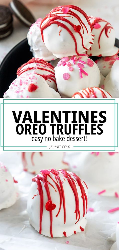 The perfect treat for Valentine's Day! These OREO Truffles only have a few simple ingredients and are super easy to make! #oreoballs #oreotruffles #valentinesdaydesserts #valentinesdesserts Fun Easy Valentine Treats, Truffles For Valentines Day, Oreo Balls Valentines, Valentine’s Day Oreo Balls, Oreo Balls Recipe Valentines Day, Valentine Oreo Truffles, Valentine Oreo Balls, Valentines Day Easy Desserts, Oreo Truffles Valentines Day