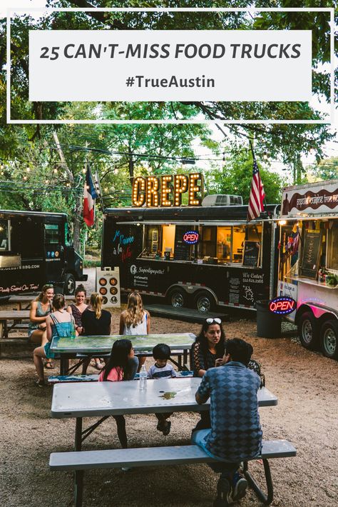 Food truck eats are a must when you visit Austin. Whether you're looking for a family-friendly food truck park or tasty late night bites on the patio at a nearby bar, here are 25 to add to your Austin dining itinerary. Food Truck Beer Garden, Outdoor Food Truck Seating, Food Truck Courtyard, Food Truck Outdoor Seating Ideas, Festival Food Truck, Best Food Truck Ideas, Food Truck Park Design Ideas, Food Park Design Ideas, Food Truck Park Design