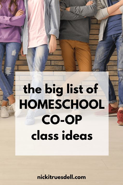 The big list of Homeschool Co-op class ideas - Nicki Truesdell Co-op Art Class Ideas, Kindergarten Co Op Ideas, Coop Class Ideas Homeschool, High School Co-op Class Ideas, Co Op Class Ideas Homeschool Elementary, Homeschool Co Op Ideas, Homeschool Co Op Class Ideas, Co Op Class Ideas Homeschool, Homeschool Coop Class Ideas