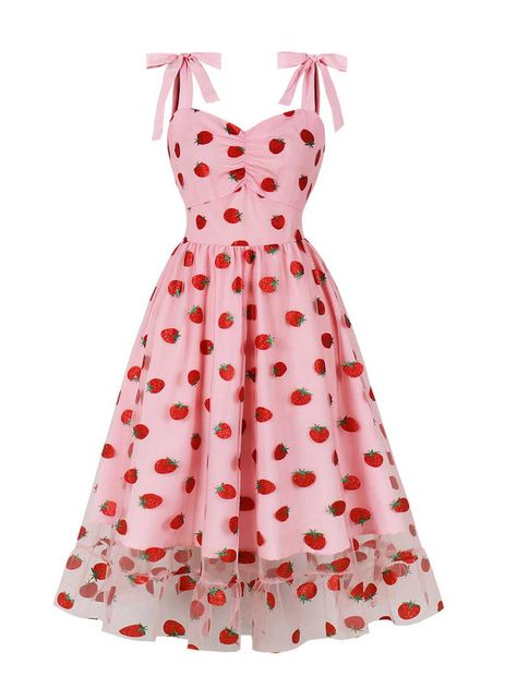 Cute Strawberry Outfit, Strawberry Clothes Aesthetic, Strawberry Dress Outfit, Strawberry Shortcake Aesthetic Outfit, Strawberry Dress Aesthetic, Cute Pink Dresses, Cute Pink Things, Bow Strawberry, Vintage Cottagecore Dress