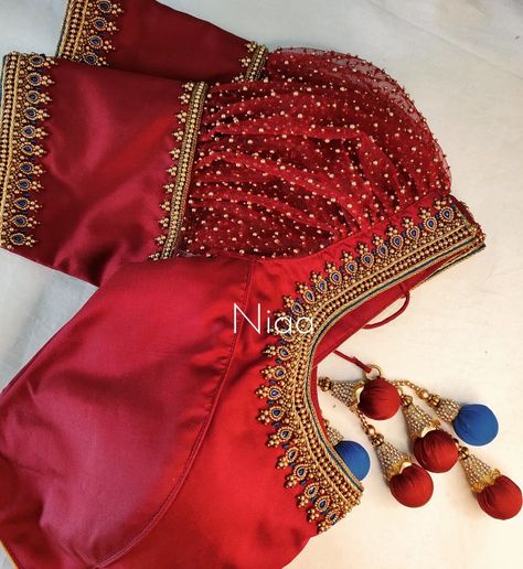 Red Fancy Blouse Designs, Red Puff Sleeve Blouse Saree, Blouse Hands And Neck Designs, Traditional Aari Work Blouse Designs, Aari Work In Puff Sleeve, Puff Sleeve Bridal Blouse, Red Aari Blouse Design, Puff Hand Aari Work Blouse, Puff Sleeve Aari Work Design