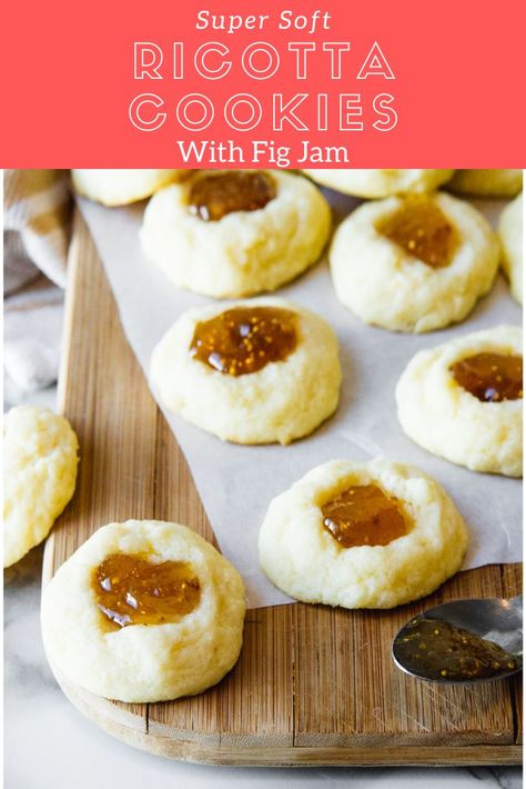 SOFT RICOTTA COOKIES WITH FIG JAM Fig Filled Cookies, Cookies With Fig Jam, Fig Jam Dessert Recipes, Fig Jam Cookies, Recipes With Fig Jam, Orange Cranberry Ricotta Cookies, Lekvar Recipe, Fig Jam Uses, Leftover Ricotta