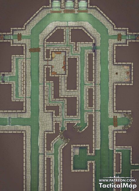 Hi there. I want to share with you a map of the city sewage system. Moderately flooded, moderately destroyed. It has additional moves for those who can go through the steel bars or those who can destroy the rusty and silt-covered grate. There is a place for collecting all kinds of rabble and a room in which a particularly dangerous criminal is hiding. I hope this map will be a good place for you to explore and battle. #sewage #battlemap #DnD #map Dnd Sewer Map, Sewer Battlemap, 5e Maps, Dnd 5, Dnd World Map, Building Map, Fantasy Town, Sewer System, Tabletop Rpg Maps