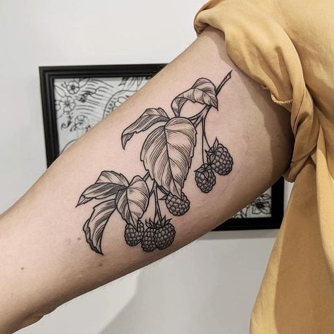 Black and grey raspberry branch tattoo on the right bicep Raspberry Branch Tattoo, Raspberry Branch, Raspberry Tattoo, Botanisches Tattoo, Octopus Tattoo Sleeve, Branch Tattoo, Bicep Tattoo, Arrow Tattoo, Botanical Tattoo