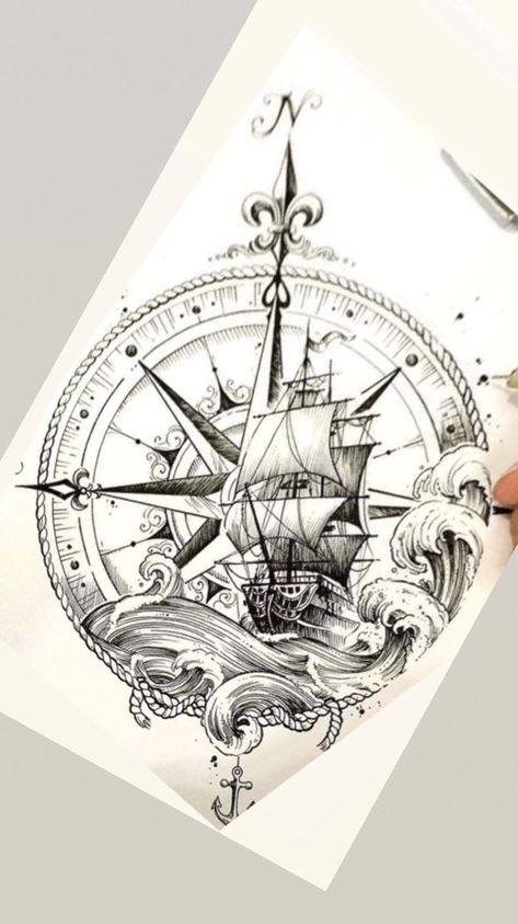 Pirate Compass Tattoo, Sea Tattoo Sleeve, Nautical Compass Tattoo, Pirate Ship Tattoos, Pirate Ship Tattoo, Wing Tattoo Men, Compass Drawing, Japanese Dragon Tattoo, Compass Tattoo Design