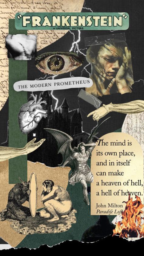 Horror Literature Aesthetic, Horror Movies Collage, Frankenstein Asthetic, Frankenstein Collage, Frankenstein Wallpaper, Horror Collage, Frankenstein Aesthetic, Monster Collage, Gothic Collage